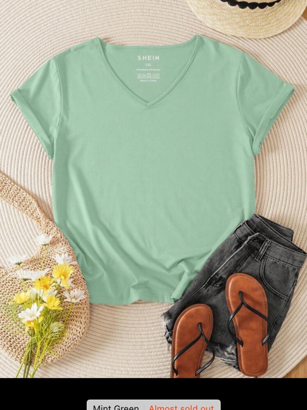 SHEIN Mint Green V-Neck Short Sleeve Tee